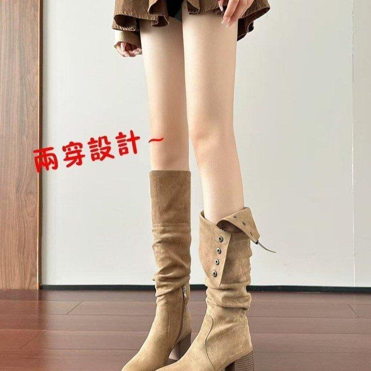 Genuine Leather~ Maillard Boots Women's 2025 Autumn and Winter New Stacking Boots Thick Heel Western Women's Boots High Heel Knight Boots