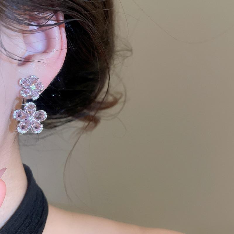 Korean Fashion Pink Color CZ Cubic Zirconia Flower U Shape Dangle Earrings for Women Silver Plated Copper Holiday Jewelry