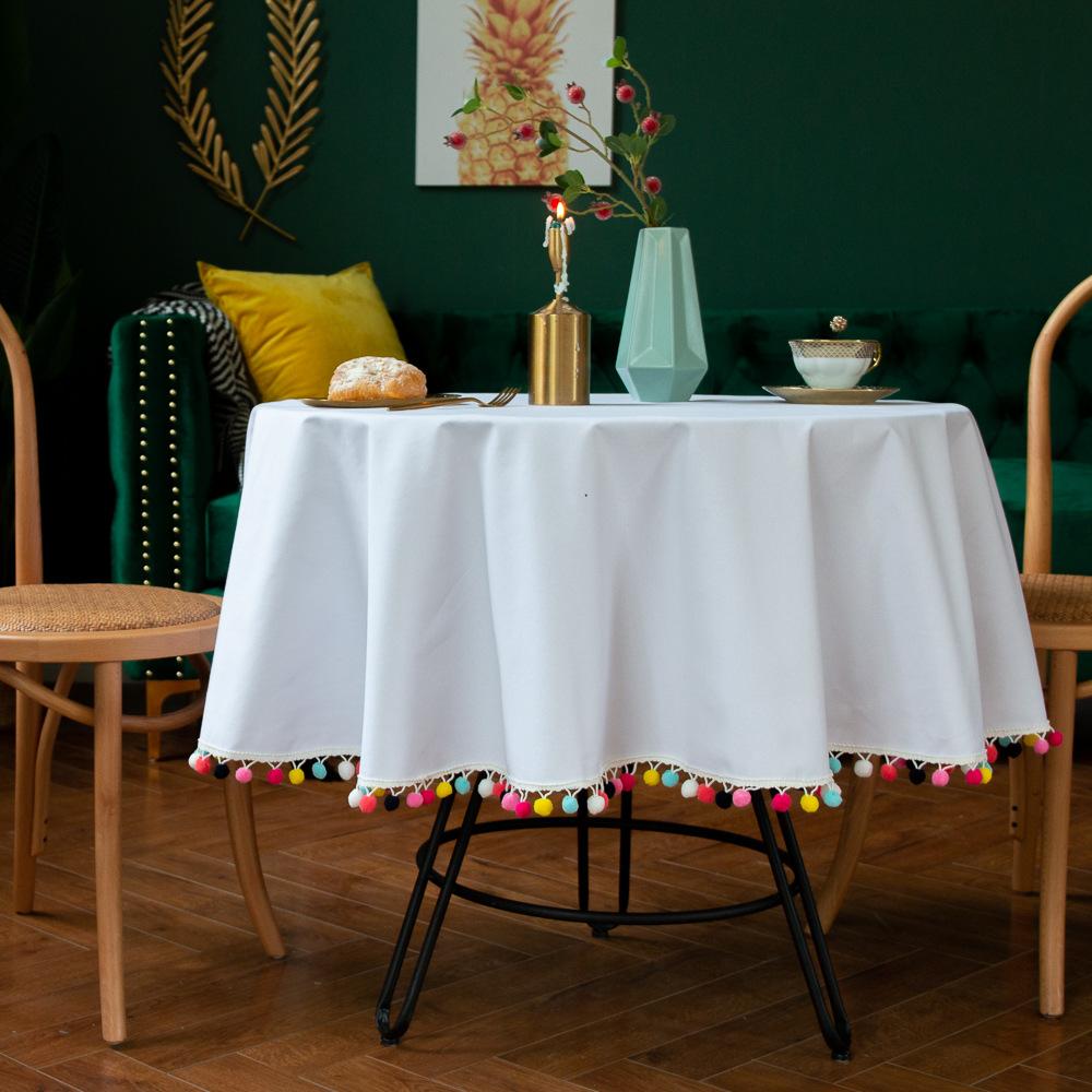 

Table And Chair Type Christmas Round Table Cloth White Fringed Fabric Tablecloth Solid Color Dining Table diameter 100cm