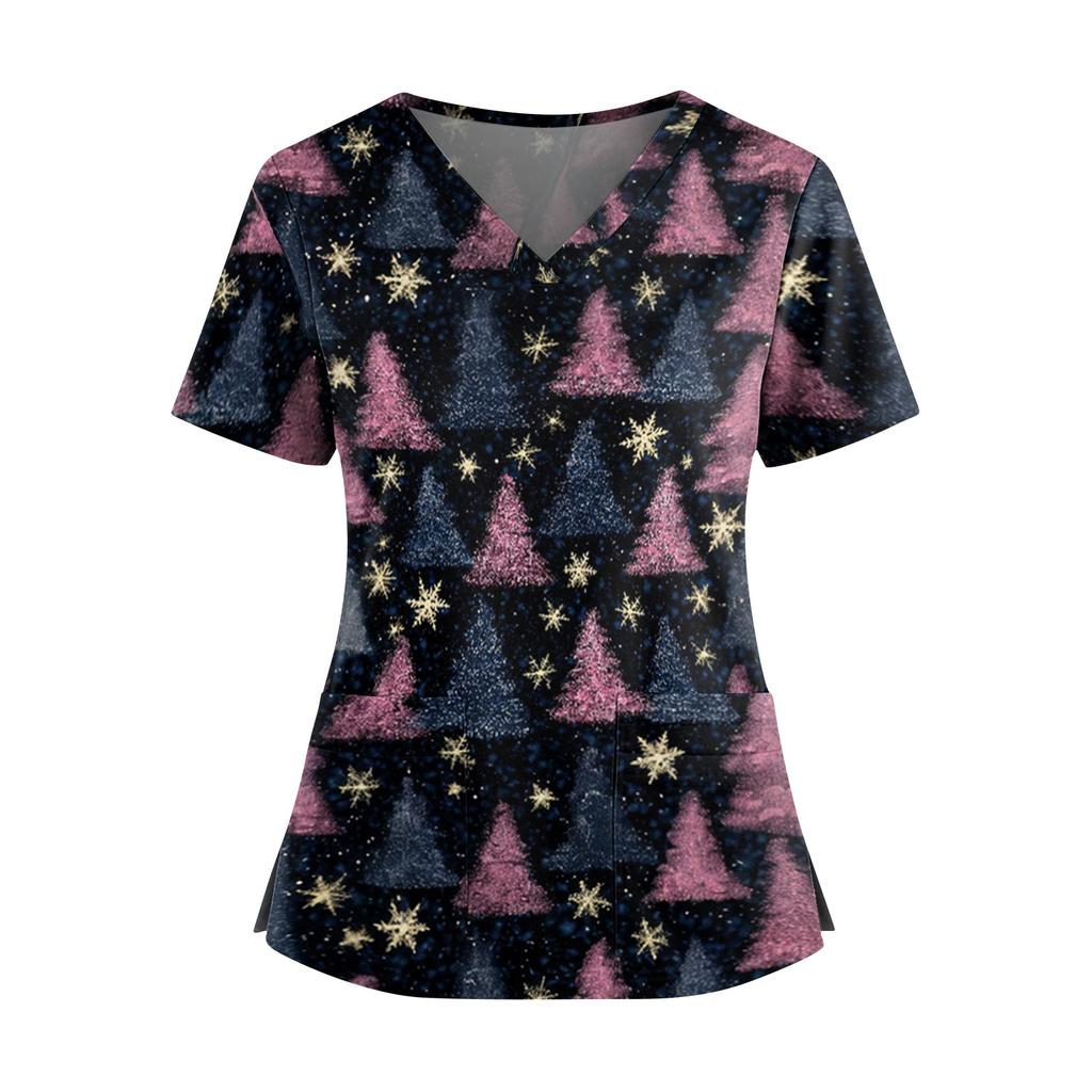 Damen Weihnachtliches V-Ausschnitt Kurzarm Kasack mit Doppeltaschen und Seitenschlitzen Pflegekraft Uniform