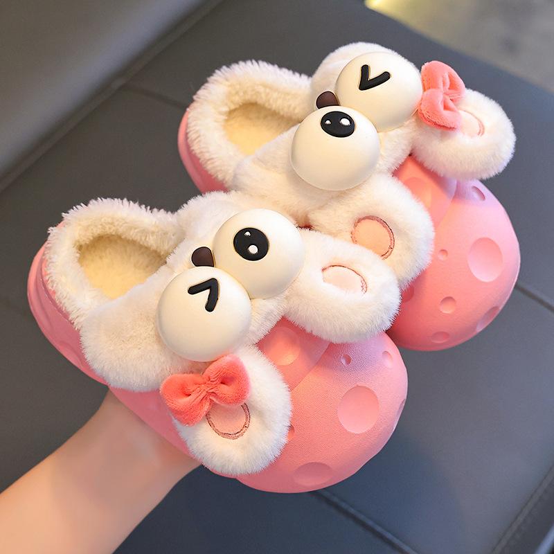

Детские домашние тапочки зимние для мальчиков и девочек милые шлепанцы кролик для дома мягкая подошва нескользящая деревянная пол меховая теплая хлопковая обувь 24-25