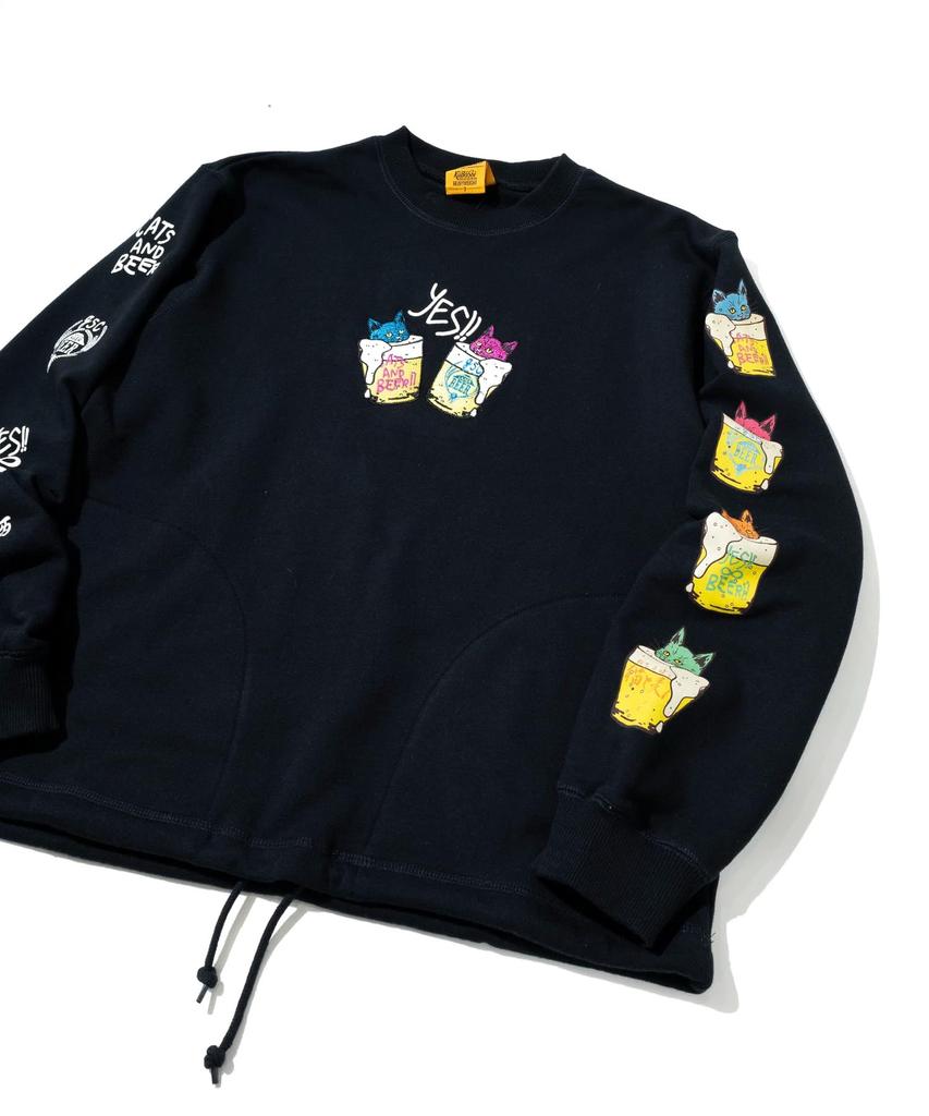 [go Slow Caravan] 352608 Air-Spun Fleece Crew Sweatshirt, Cat and Beer, Black, Size M