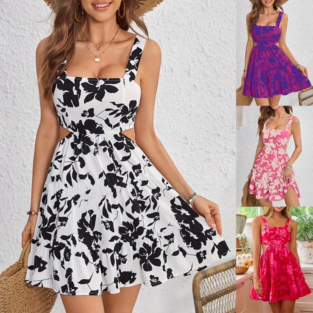 Women's Square Neck Spaghetti Strap Mini Dress Elastic Waist Side Cutout Big Floral Print Ruffle Hem Casual Sundress