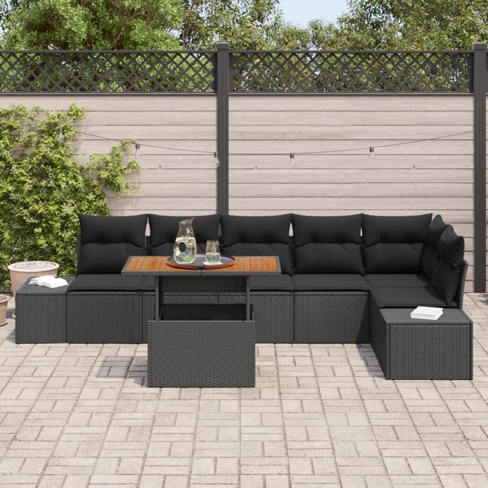 VidaXL Ensemble salle à manger jardin 7 pièces avec coussins noir poly rattan acacia 3349974