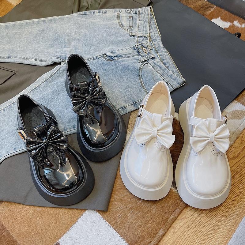 Damskie Modne Skórzane Buty na Platformie Urocza Kokardka Codzienne Buty do Chodzenia Buty Księżniczki