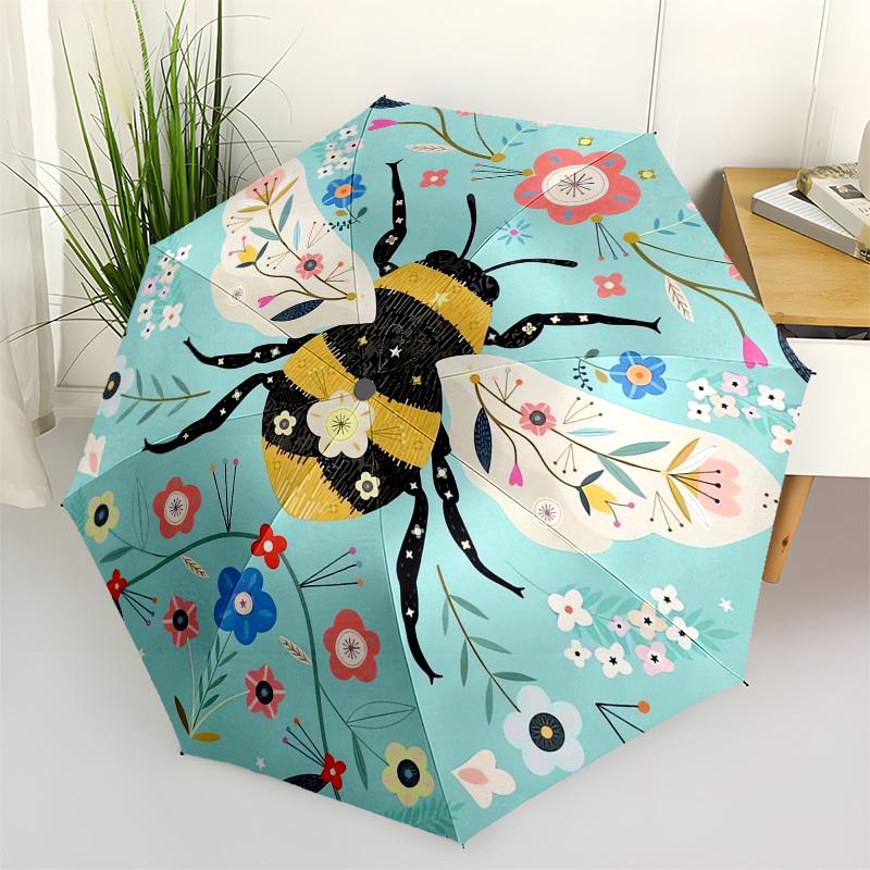 

1pc Floral Bee Illustration Umbrella with Plastic Handle,Vibrant Cartoon Pattern,Multi-functional UmbrellaPT155