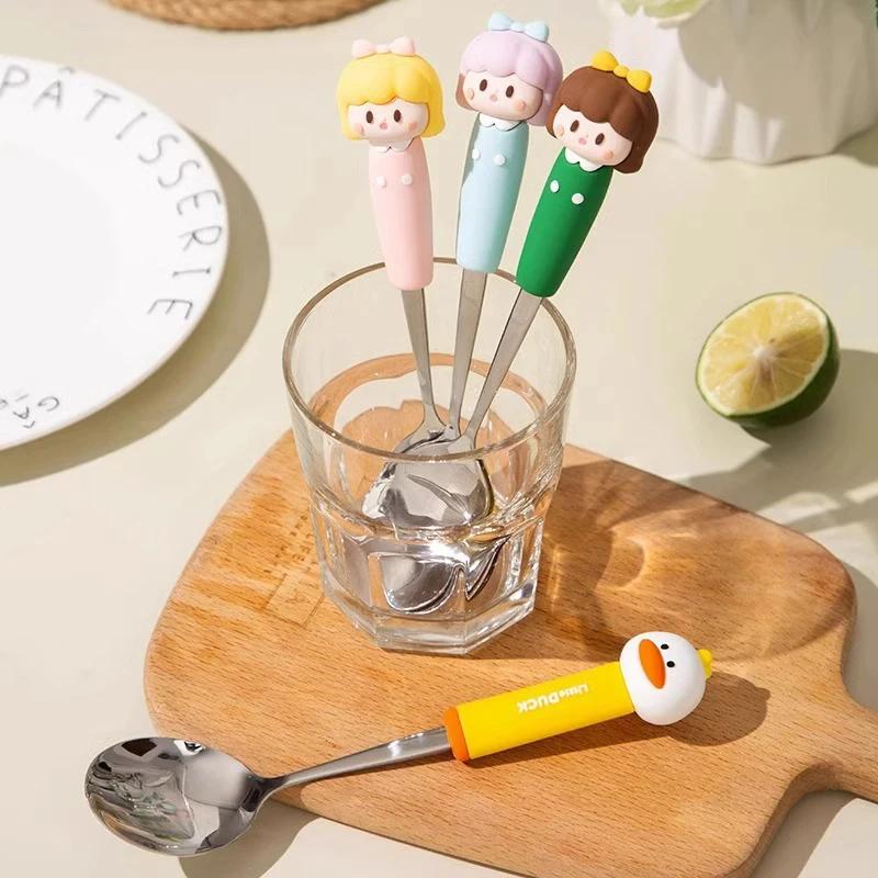 Cute Cartoon Girls Spoon Fork Set Kids Tableware 304 Stainless Steel Cutlery Set with Silicone Handle Children's Tableware