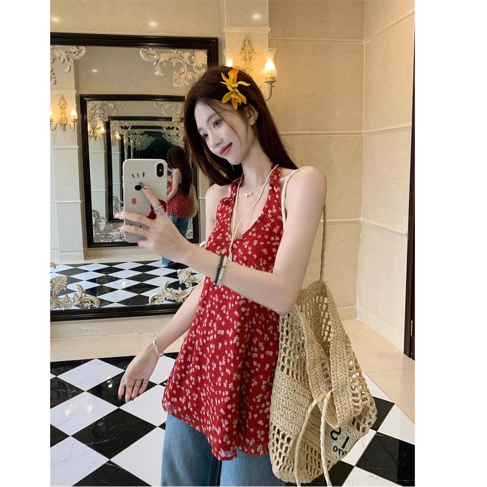 Sweet Spice Girl Red Floral V-Neck Neck Dress Summer New Waist Skinny Stacked A-Word Short Skirt Women