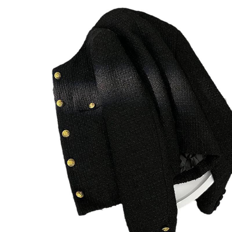 Black Round Neck Fragrant Short Coat French Tweed Top for Little Men