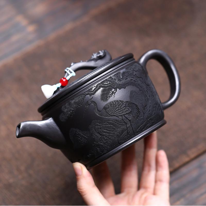 450ml Yixing Purple Clay Teapot Handmade Pine Crane Large Caliber Pot Raw Ore Stone Yellow Mud Kettle With Strainer Zisha Teaset