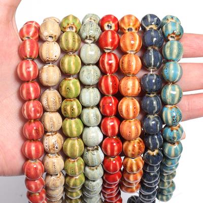 1 Strand 11.5mm Colorful Pumpkin Stripe Ceramic Beads Round Loose Beads For Jewelry Making DIY Necklace Bracelets Accessories
