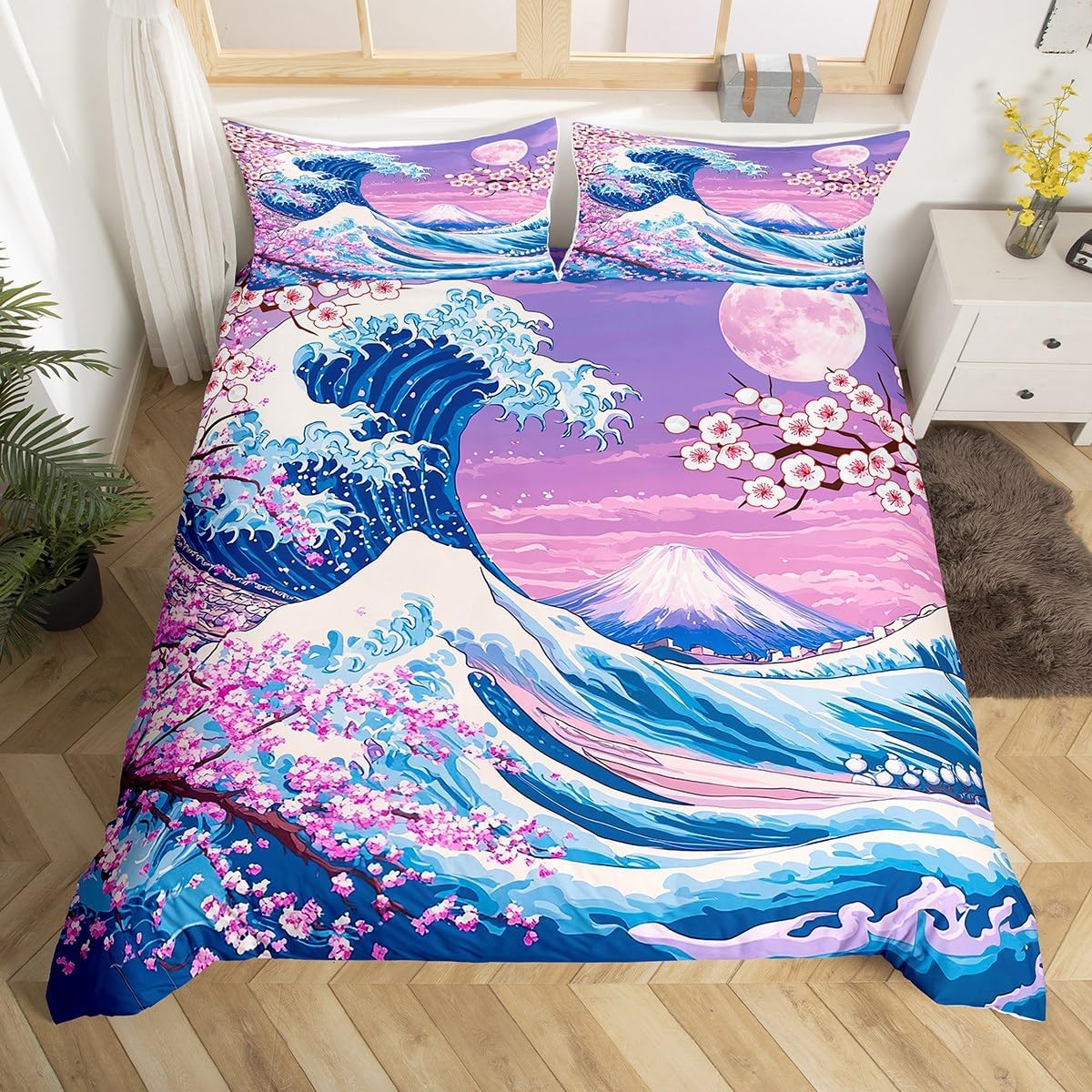 

Chery Blosoms Beding Set Japanese Ocean Wave Soft Duvet Cover Microfiber Twin Quen Ful King Warm Comforter Cover Set for Young Boys Young Girls 120*200cm Single