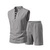 Men Solid Linen 2 Piece Outfit Mandarin Collar Lace Up Sleeveless Tank Drawstring Shorts Beach Set