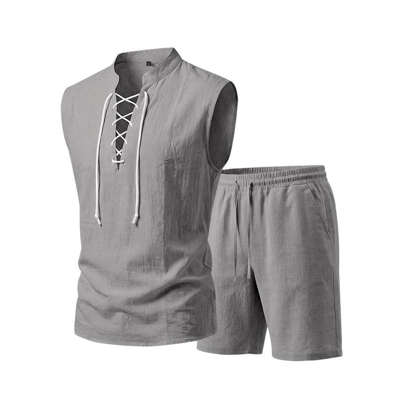 Men Solid Linen 2 Piece Outfit Mandarin Collar Lace Up Sleeveless Tank Drawstring Shorts Beach Set