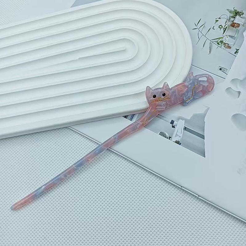 Cute Cartoon Cat Zircon Acetate Hairpin Hair Sticks For Women Girls  Creative Colored Hair Clasp Headwear Hair Accessory