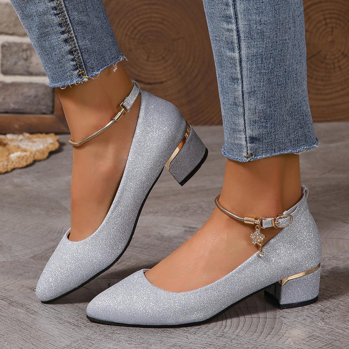 

Мода 2025 Новые женские туфли на толстом каблуке с острым носком, на среднем каблуке, рабочие, с блестками, слипоны, нарядные туфли с ремешком на щиколотке для вечеринок для женщин 34