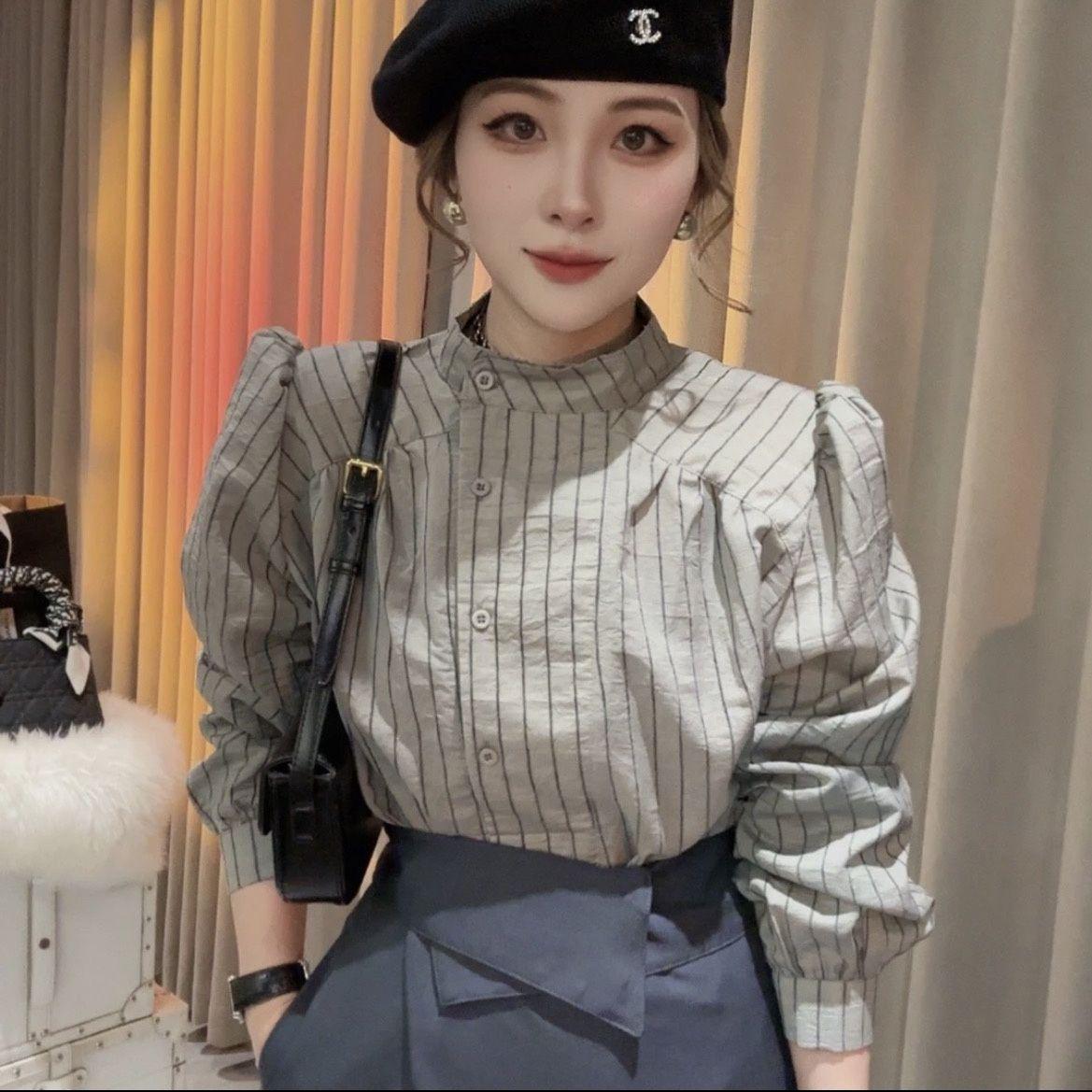 

Женская ретро рубашка в корейском стиле в полоску с длинным рукавом - Элегантная и свободного кроя Small серый/синий