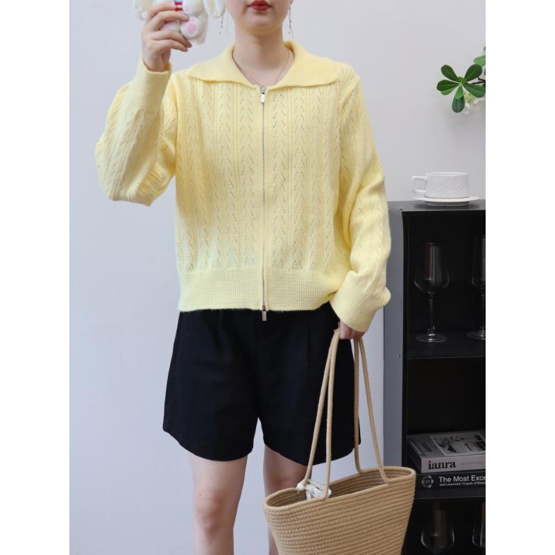 

Double zipper lapel hollow knitted cardigan early autumn new design sense loose simple sweater jacket women one size fits all жёлтый