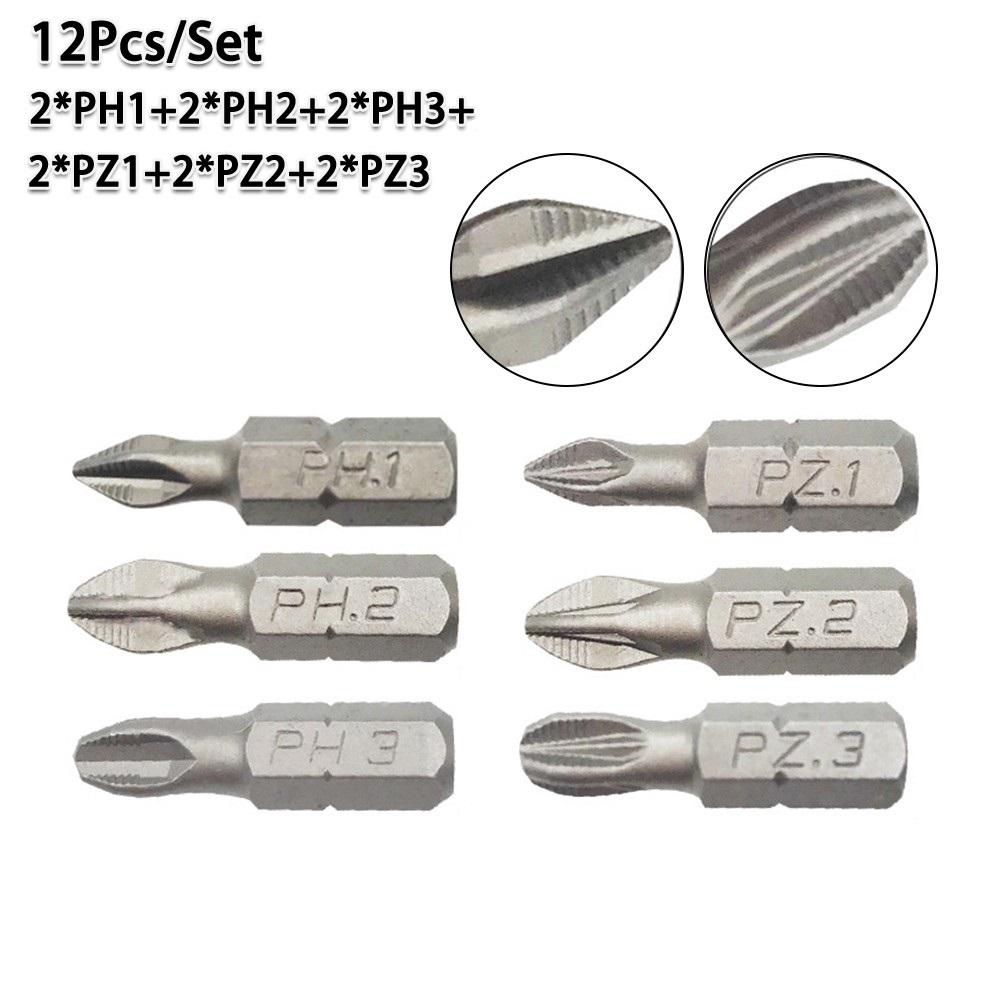 12 PCS/Lot 25mm Cross Bits Set Hex Shanked Anti Slip Screwdriver Bits Magnetic Non-Slip Drill Batch Head PH1/PH2/PH3/PZ1/PZ2/PZ3