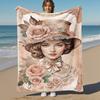 1pc Floral Hat Outdoor Flannel Blanket Soft Warm All-Season Throw for Sofa Bed Car Camping Office, Cozy Gift Idea1303S