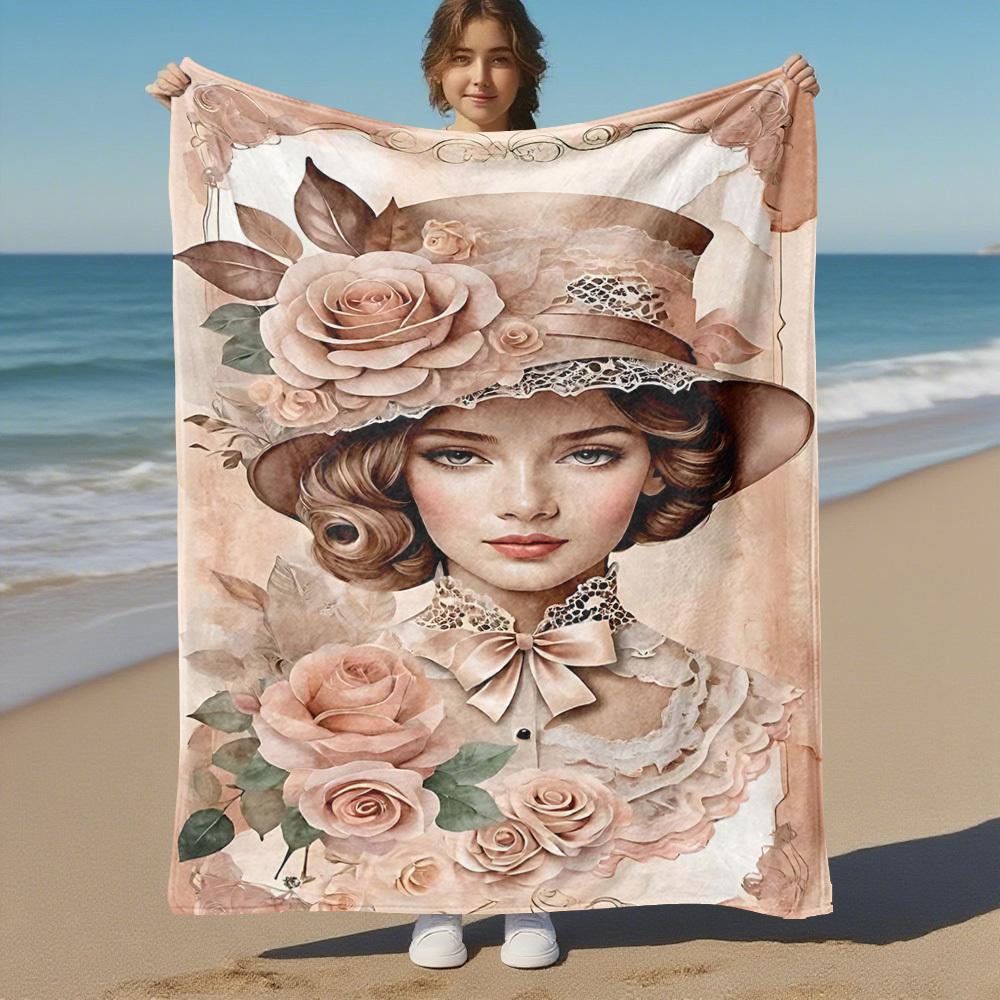 1pc Floral Hat Outdoor Flannel Blanket Soft Warm All-Season Throw for Sofa Bed Car Camping Office, Cozy Gift Idea1303S