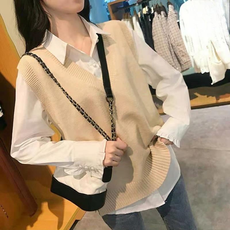 Spring Autumn Versatile Women's Knit Vest Outer Wear Japanese Style Loose Outer Layer V-Neck Sweater Vest