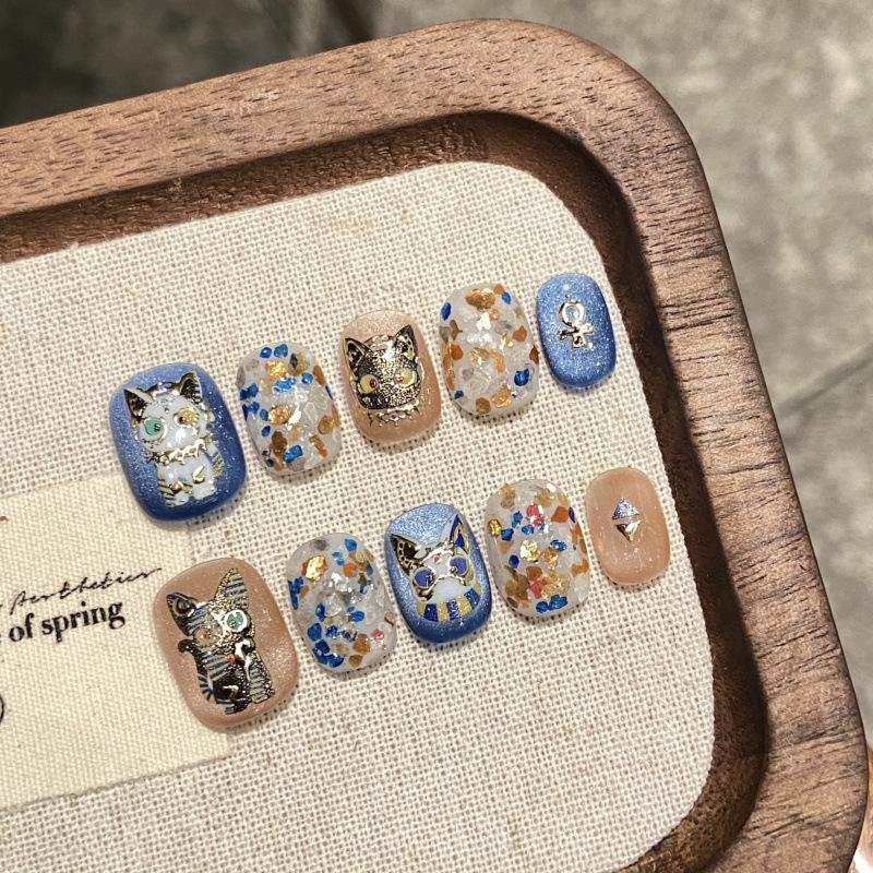 10 Pcs Black Handmade Cat Eye Press On Nails Cute Cat Star Design Full Cover Ballerina False Nails Wearable Manicure