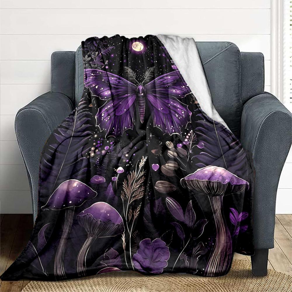 1pc Purple Moonlit Garden Blanket, Lightweight Flannel Throw Blanket for Sofa, Bed, Travel, Camping, Living Room, Office, Couch022