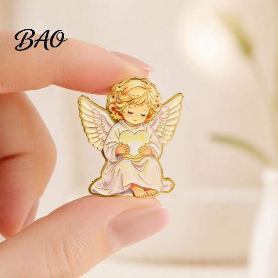 Versatile Outfit Decoration Little Angel Brooch Pin for Women, Cute Guardian Holding Heart Lapel Backpack Pins with Wings, Clothing Accessory