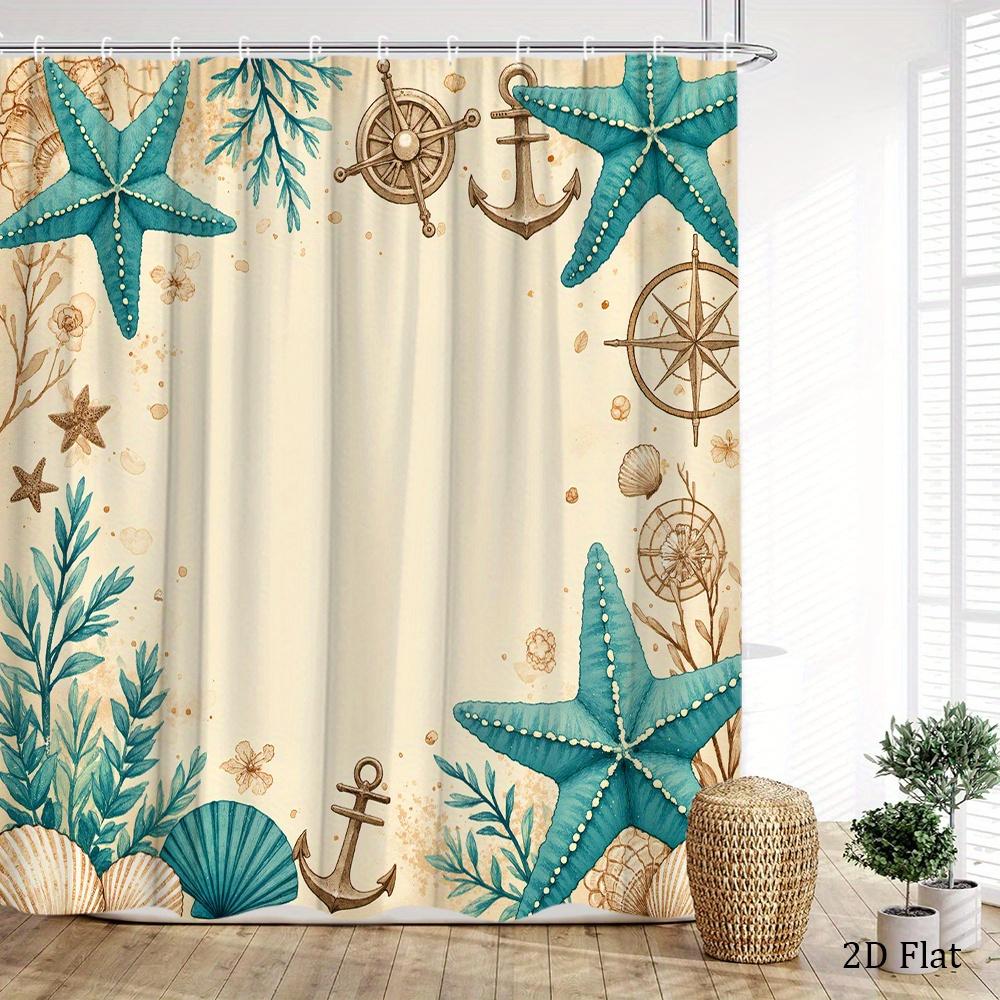 Nautical Shower Curtain Starfish Anchor Compass Print Beige Bath Curtain With 12 Hooks For Beach Bathroom Decor
