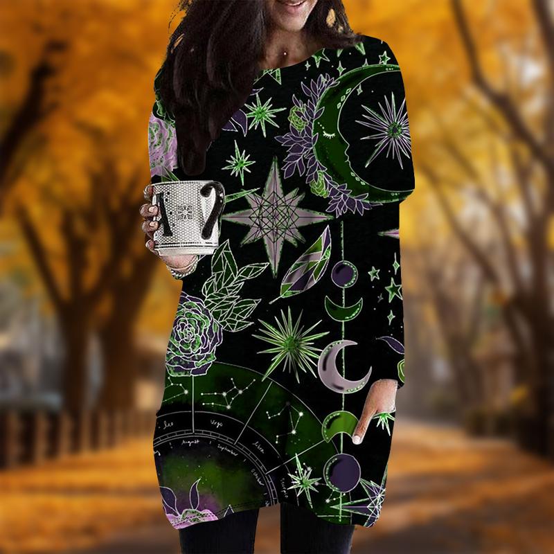 New In Autumn Crystal Starry Sky Print Plus Size Dress Women O'neck Long Sleeves Casual Pocket Dresses