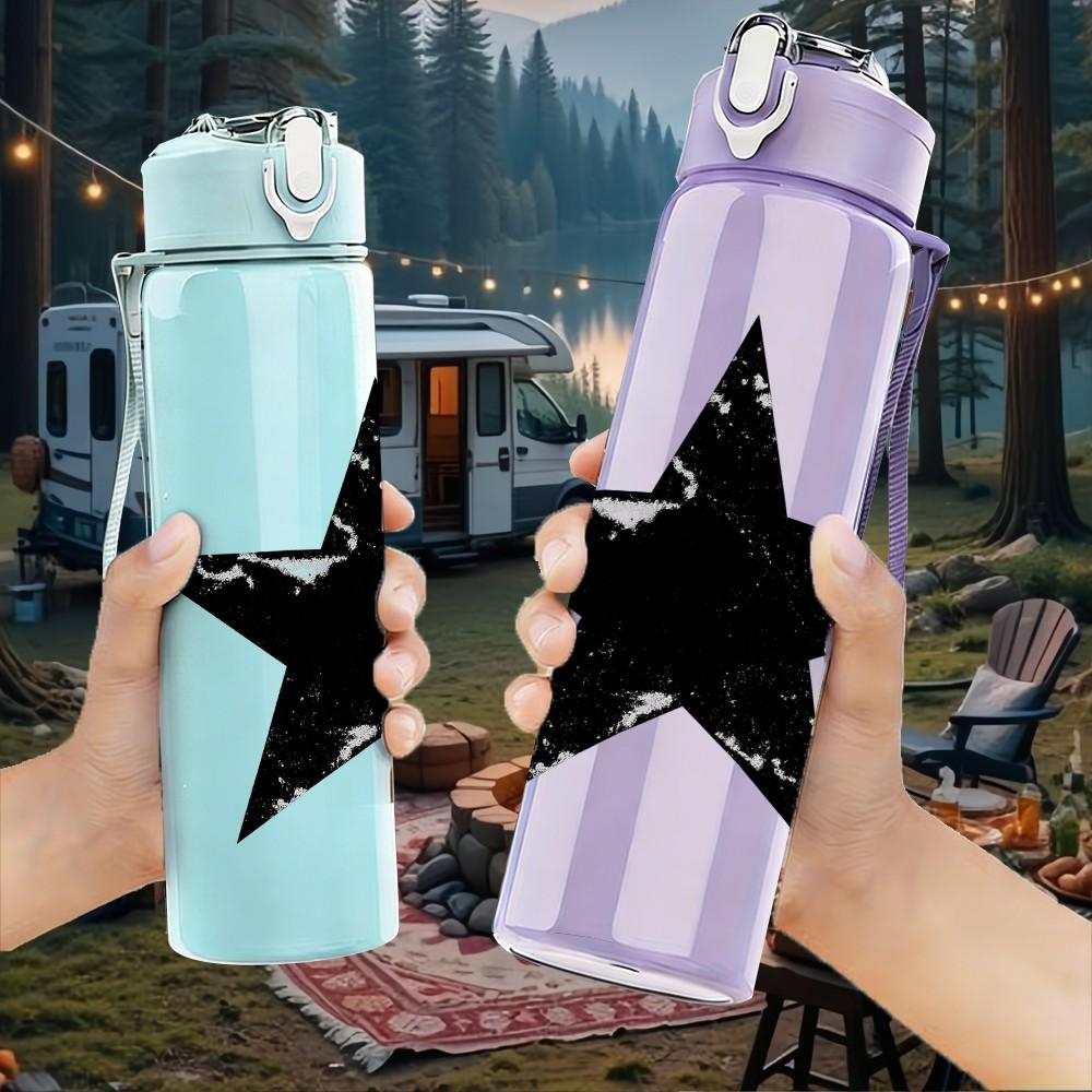 1PC Black Grunge Star Line Art Print 750ml Color Plastic Sports Water Bottle Leakproof Flip Straw Lid Suitable for Sports Office Home Use