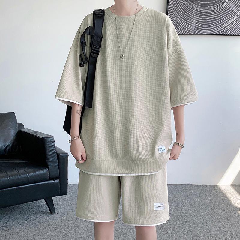 Waffle Suit Summer Men's Short-sleeved T-shirt Shorts Thin