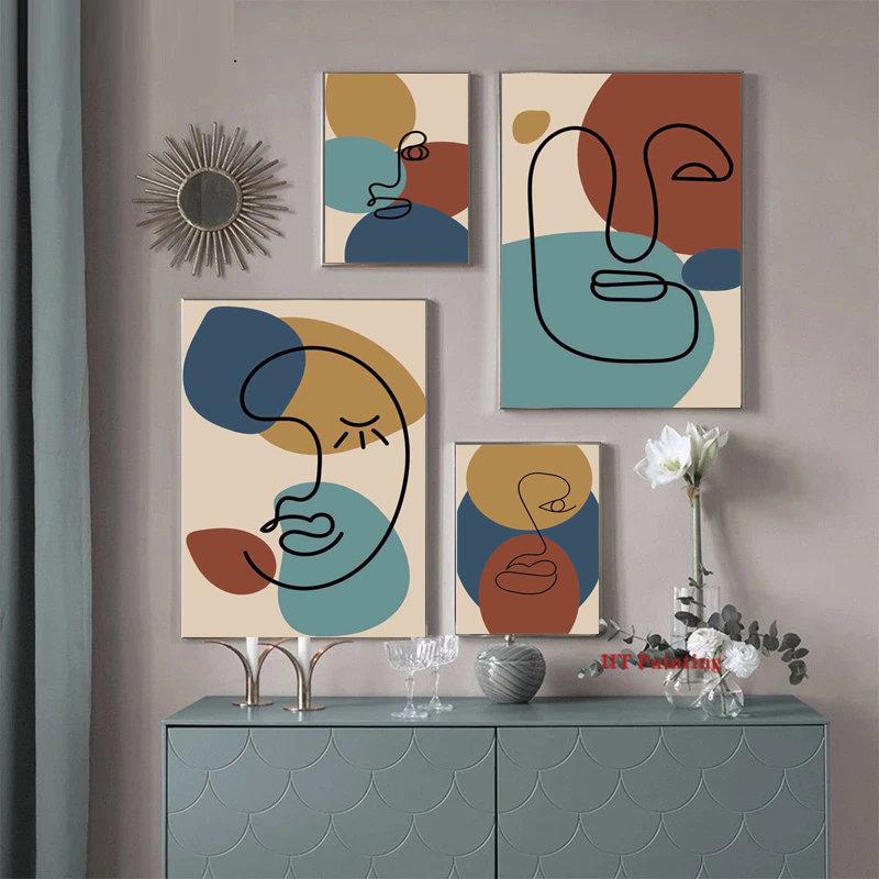 Abstract Matisse Minimalist Line Face Four Color Pattern Artwork Poster Canvas Painting Wall Art Pictures Room Home Decor
