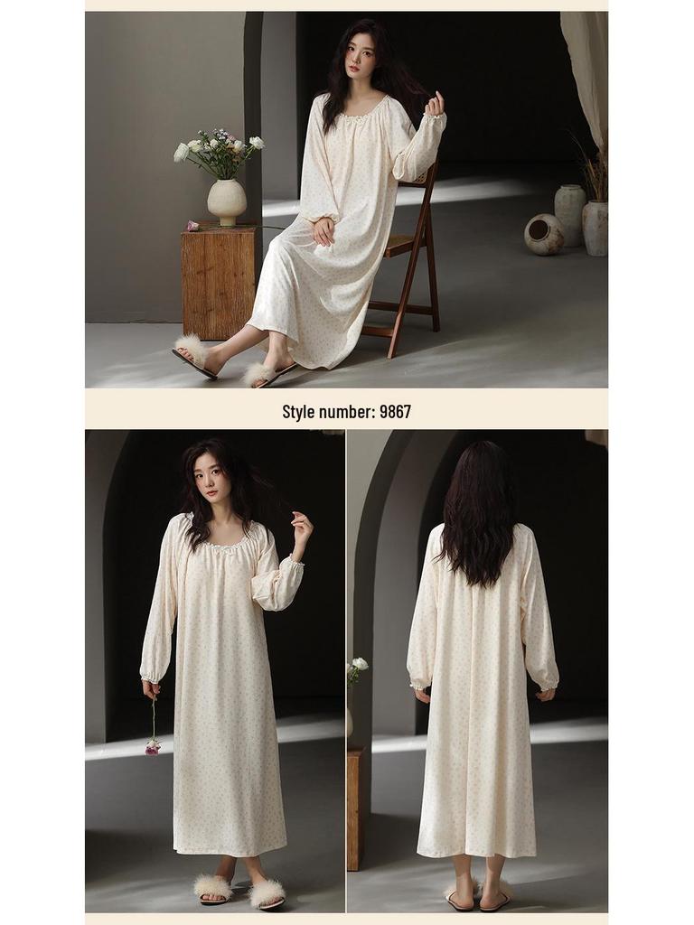 Caini Damska bawełniana koszula nocna z długim rękawem i wkładką na biust - Bardzo długa, luźny krój na wiosnę i jesień