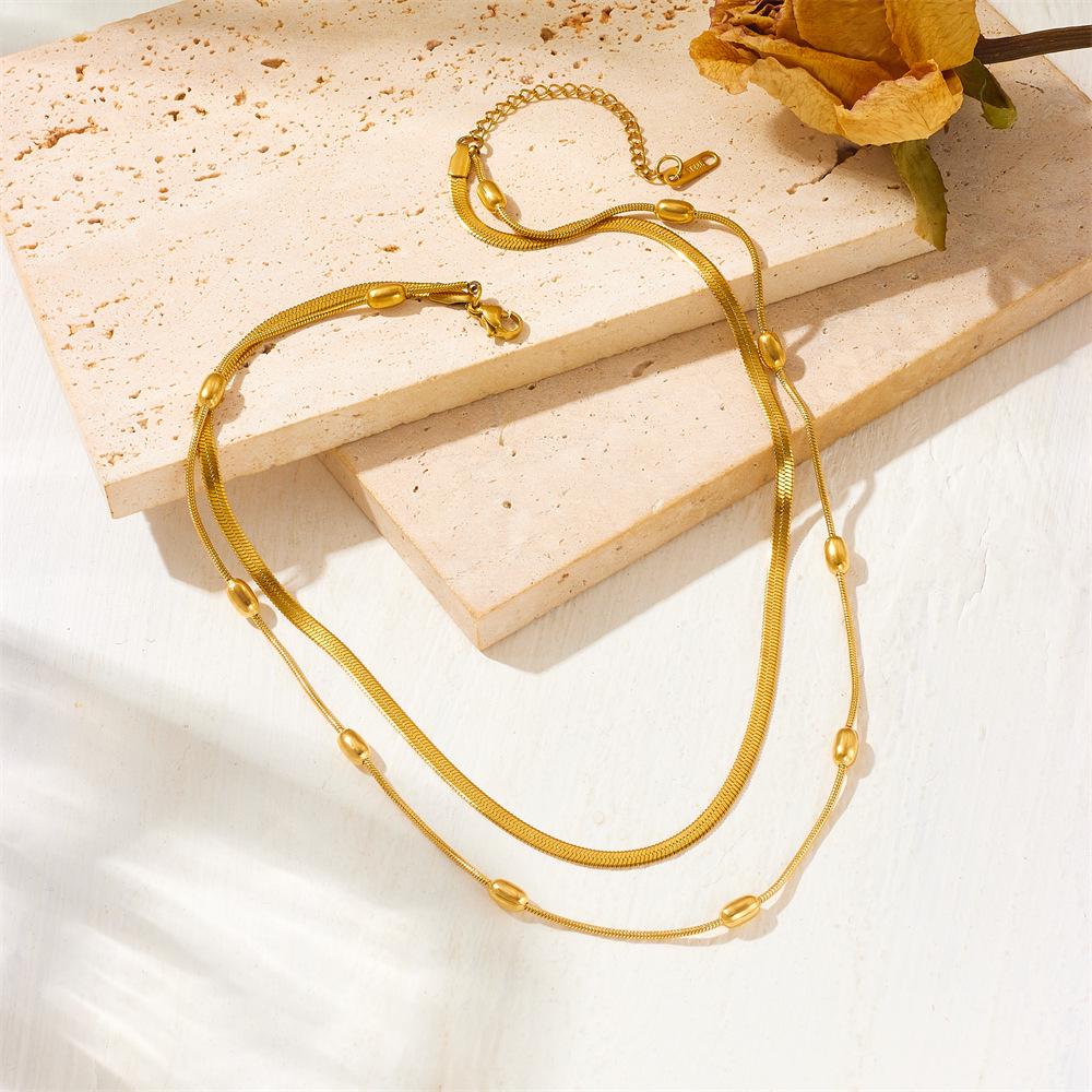 Double Layer Rice Bead Titanium Steel Necklace - Women's Summer Clavicle Chain