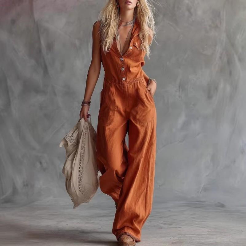 2026 Linnenmix Mouwloze V-hals Jumpsuit Hoge Taille Rechte Pijp Romper Dames Casual Straatkleding
