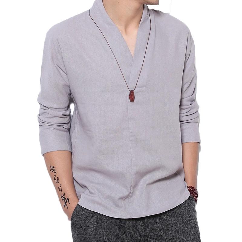 Linen Shirt Men 2025 Mens Spring Long Sleeve V-Neck Shirts Men Chinese Style Cotton Shirts Male Casual Soild Color Blouse
