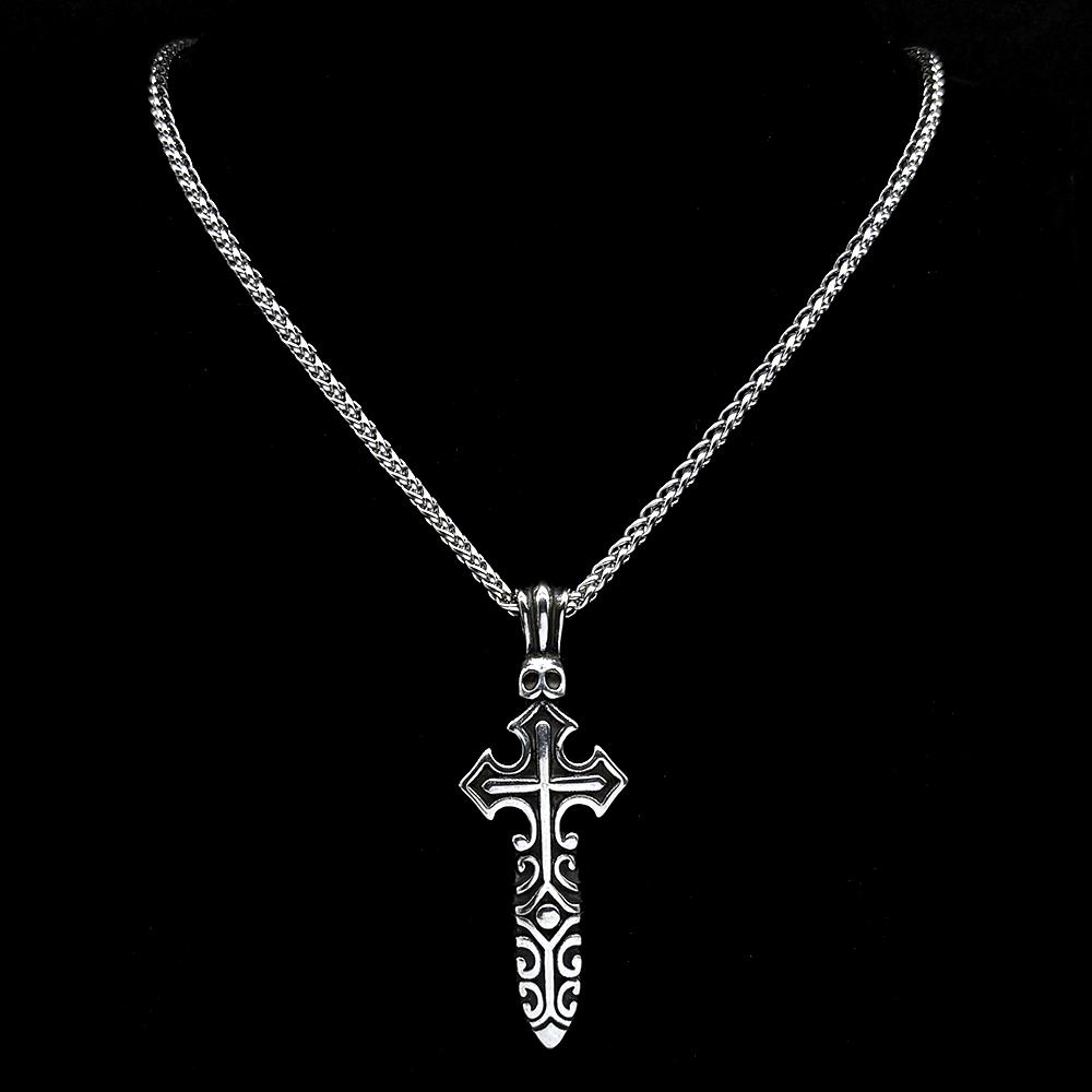 Vintage Gothic Punk Knight Sword Cross Pendant Necklace for Women Men Stainless Steel Silver Color Knife Chain Jewelry Gift