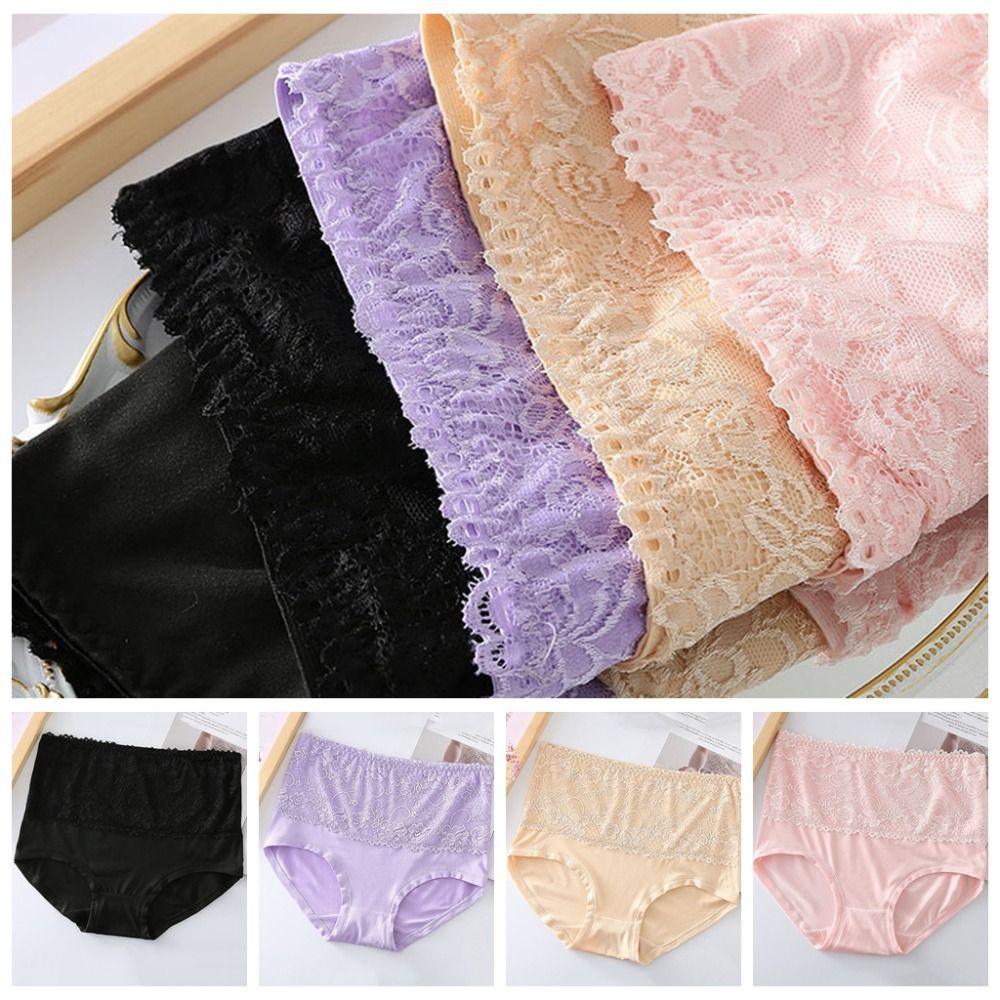 4Pcs Mid Waist Lace Flower Briefs Tummy Control Underwear for Women Fashion Seamless Panties  Ladies