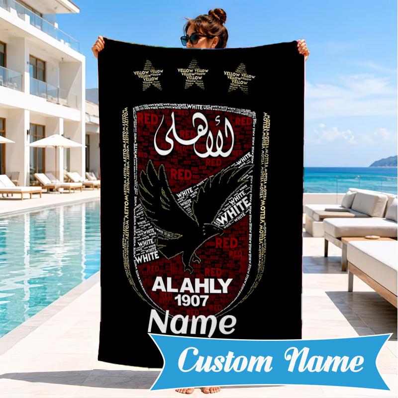 Custom Name Beach Towel Al-Ahly FC Crest Microfiber Beach Towel, Lightweight for Summer Travel, Swimming Pool Fan Birthday Gift