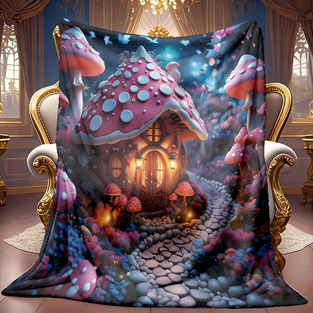 A Cozy, Fantastical Themed Fleece Blanket Featuring a Soft, High-Definition Digital Print of a Dreamy Mushroom House Design, Suitable for Year-Round U