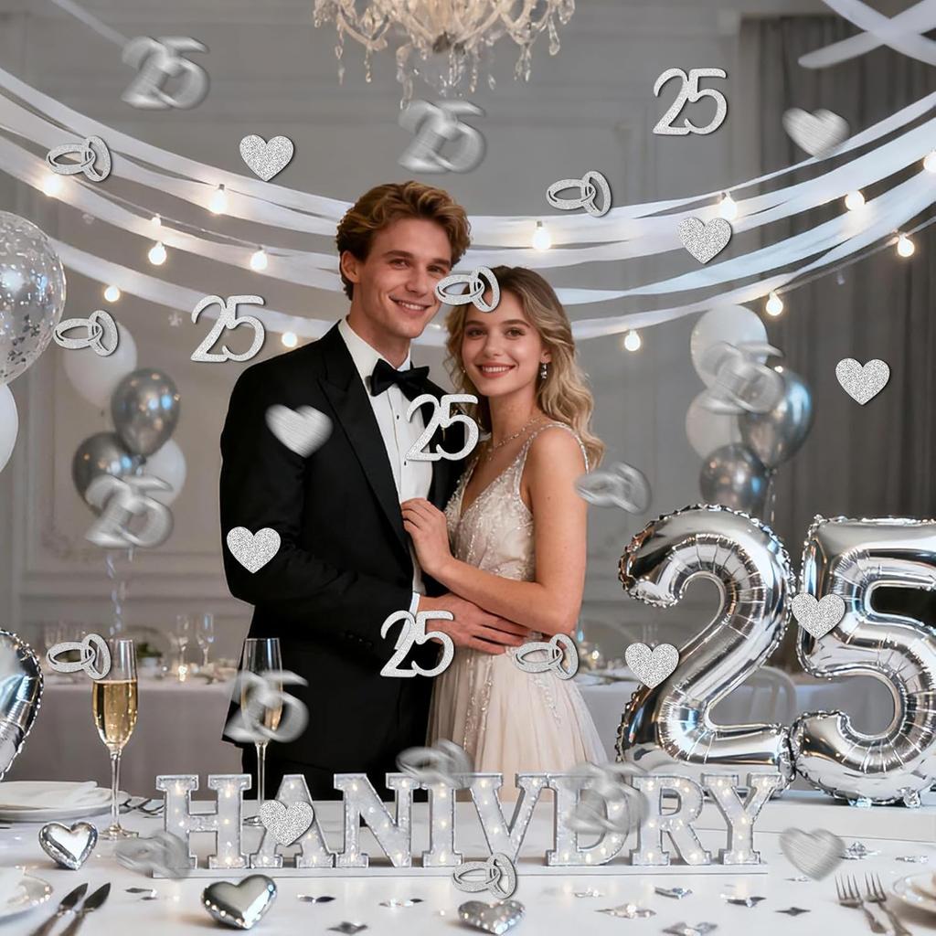 100pcs 25th Wedding Anniversary Confetti, Silver Glitter Table Scatter Decorations for 25th Anniversary Party Supplies