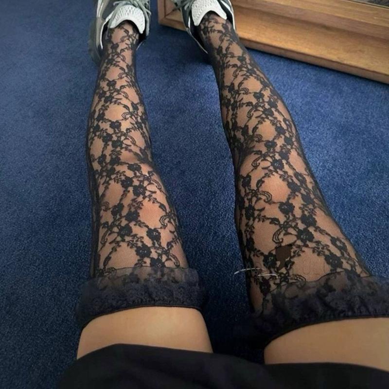 Womens Japanese Sheer Flower Lace Fishnet Thigh High Stockings Sweet Layered Ruffle Trim Frilly Over Knee Long Socks