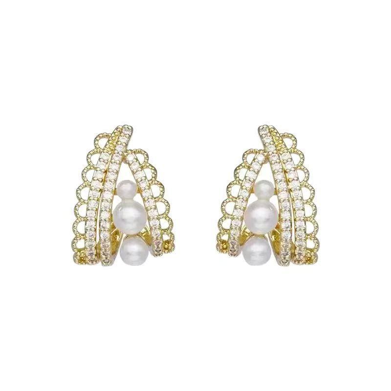 Diamond-Set Pearl Lace Water Drop Stud Earrings French Retro Temperament Design Earrings Women'S Light Luxury Elegant Earrings