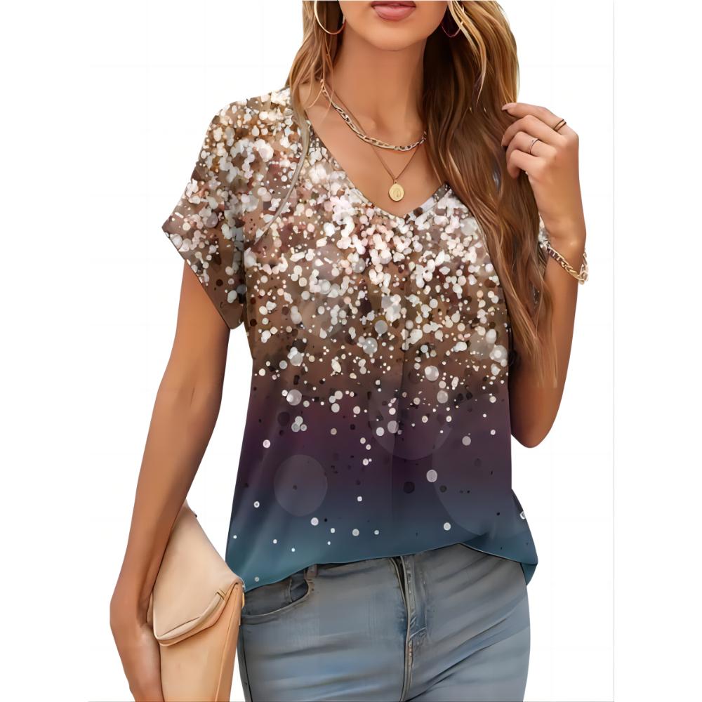 2026 New Summer Women T-shirt 3d Fashion Print Gradient Harajuku T Shirt Oversized Tee For Ladies Clothing New Short Sleeve V-Ne