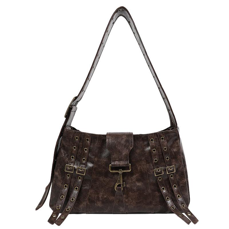 

Винтажная сумка для женщин 2024 года, женская сумка Niche, сумка в стиле панк, повседневная, большая вместимость, поясная декоративная сумка-тоут кофейный