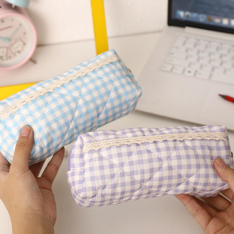 Large Capacity Pen Bag Sweet Plaid Lace Pencil Case Portable Student Stationery Storage Bag Girly Cosmetic Bag Gifts