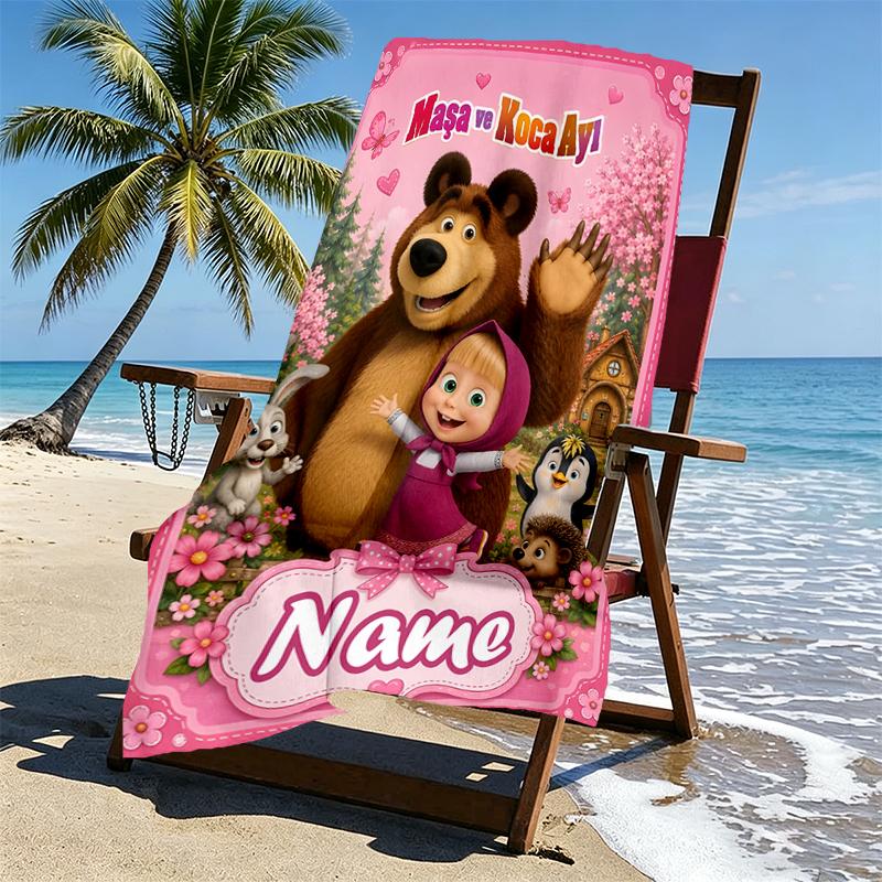 Custom Name Personalized Masha and The Bear Print Beach Towel, for Trip Camping Beach Party Home Decor, Birthday Gift for Family & Friends