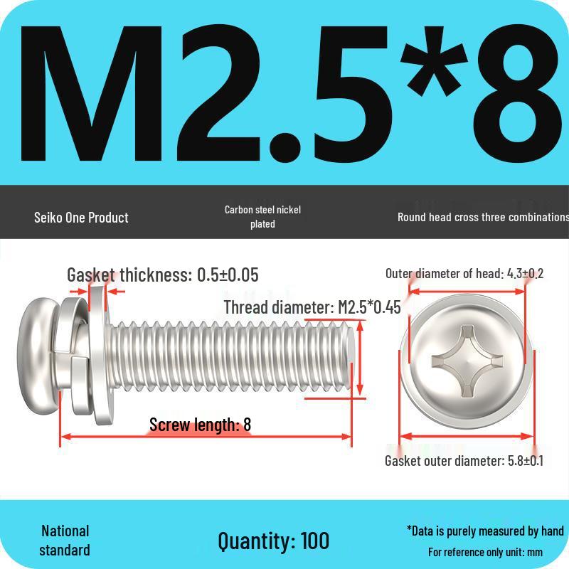 Nickel-Plated Phillips Pan Head Screw with Washer, M2-M6 Thread